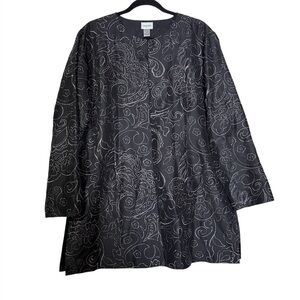 Chico's Embroidered Silk Duster Jacket Black and Silver Floral Longline Size XL